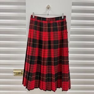 Claude Vintage 90s Red Black Plaid Pleated Midi Skirt Button Side Size 11/12